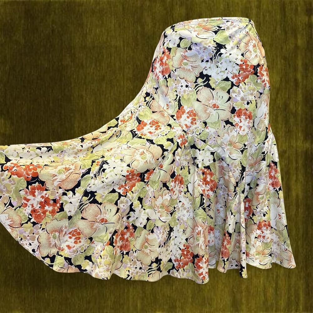 100% Silk Y2K Festival Boho Cottage Feminine Floral Midi Skirt